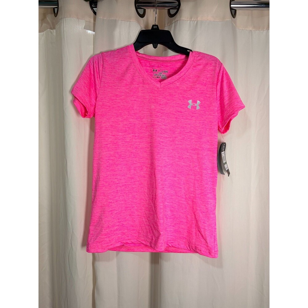 Under Armour HeatGear T-Shirt Womens L Large Neon Pink V-Neck Athletic Top NWT